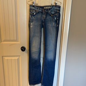 BKE Women's Blue Distressed Flare Jeans